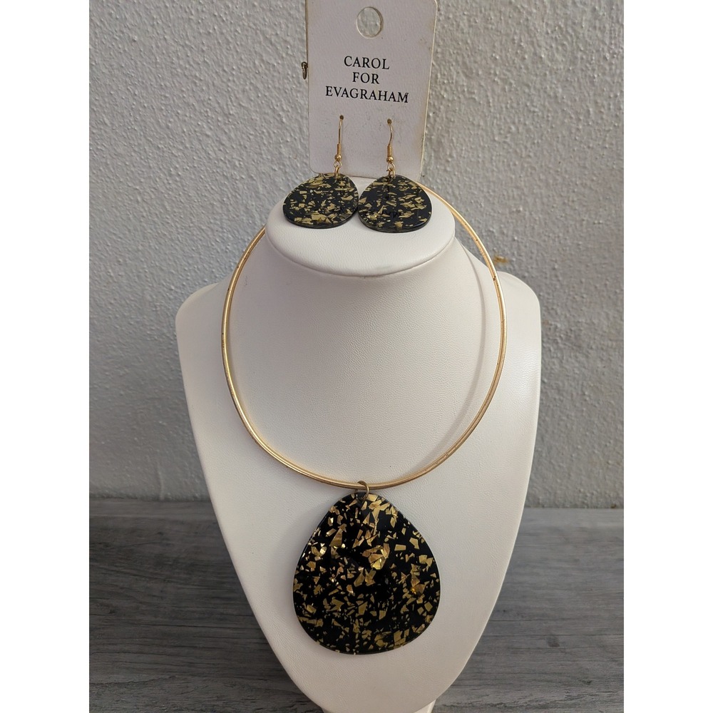 Carol for Eva Graham Gold Flake Black Resin Torque Necklace and Earring Set